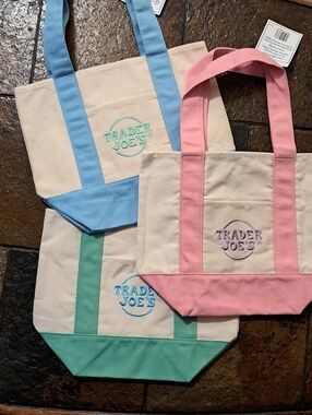 Set of 3 Trader Joe's Mini Canvas Tote Bags- Blue, Green and Pink $20